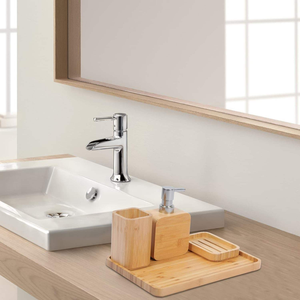 Juego de 4 Accesorios de Baño y Lavabo de Bambú Hechos a Mano, Estilo Retro Natural, Jabonera, Dispensador de Jabón y Loción para Ducha - Product Image 3