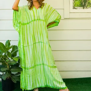 Vestido Kaftan de Rayón con Estampado Tie Dye para Mujer, Corte Holgado, Cuello en V, Estilo Boho, para la Playa, Ligero, Maxi Kaftan de Verano - Product Image 1