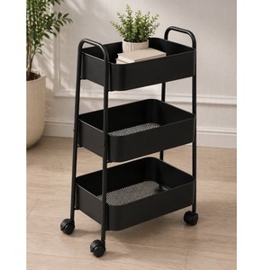 Black 3 Tier Metal Rolling Cart Utility <b>Storage</b> <b>Rack</b> with Wheels Handle deal for <b>kitchen</b> bathroom <b>storage</b> use <b>storage</b> cart - Product Image 1