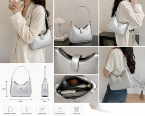 <b>Silver</b> Metallic Fashion Women's Shoulder <b>Bag</b> Solid Minimalist Single Strap Hasp Closure Machine Washable All Seasons Daily Use - Product Image 5