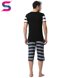 Wholesale Rate Men's Striped Crew Neck T-Shirt With Navy Patterned Capri Shorts <b>Set</b> Summer Casual <b>Knitted</b> Breathable Wear - Product Image 4