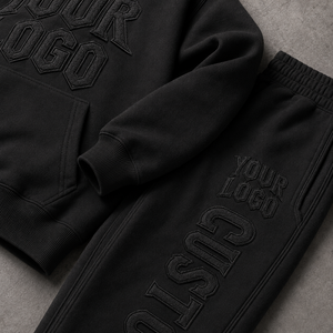 Custom Unisex <b>Black</b> Tracksuit Set 3D Embroidered Logo Streetwear Hooded Sweatshirt & <b>Pants</b> Full Length Loose Fit Adult - Product Image 6