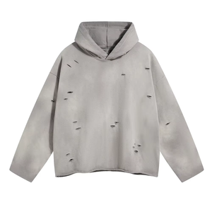 เสื้อฮู้ดแฟชั่นสไตล์สตรีทแวร์ขาดๆ แบบวินเทอร์ ผ้าฝ้ายฟลีซฟอกสี - Product Image 5