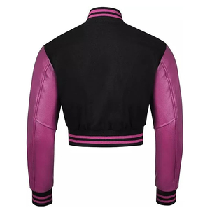 <b>Women's</b> <b>Black</b> Pink <b>Wool</b> Windproof Crew Neck Cropped Full Sleeve Varsity <b>Jacket</b> with Silk Lining for Autumn Winter - Product Image 2