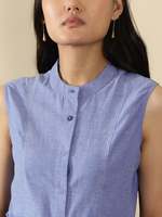 Robe midi sans manches en lin bleu, col mandarin, coupe trapèze ample, décontractée pour le quotidien, belle robe élégante pour femme