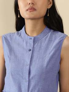 Robe midi sans manches en lin bleu, col mandarin, coupe trapèze ample, décontractée pour le quotidien, belle robe élégante pour femme - Product Image 5