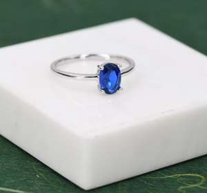 Bague ovale en saphir bleu CZ de 1 carat en argent sterling 925 plaqué or 14 carats, bijoux de fiançailles et de soirée - Product Image 1
