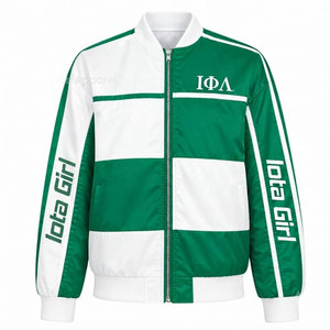 Iota phi Lambda sorority iota เสื้อแจ็กเก็ตเบสบอลสำหรับผู้หญิงสีเขียวและสีขาวมีซิปด้านหน้ามีโลโก้ IPL - Product Image 1