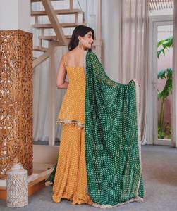 Traje Anarkali de Algodón con Puntos Amarillos para Mujer, con Dupatta Verde, Corte Holgado, Largo hasta el Suelo, Estilo Tradicional Indio-Pakistaní - Product Image 5