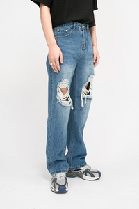 Jeans déchirés pour homme, coupe droite, délavage moyen, style décontracté, denim pour homme - Product Image 2