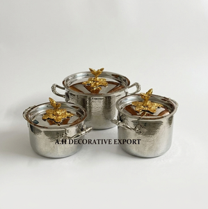 Elegant 3-Piece Hammered Metal Stainless Steel <b>Cookware</b> pot Set with Designer Gold Floral Knobs Kitchenware Casserole - Product Image 2