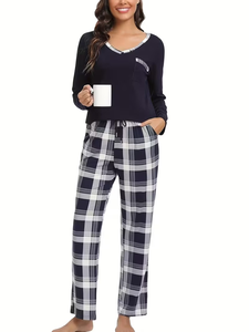 Conjunto de Pijama de Manga Larga con Cuello en V para Mujer, Pantalones a Cuadros, Ecológico, Transpirable, Spandex/Algodón, Cierre con Cordón, Sin Costuras, Verano - Product Image 5