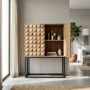 Dice Tall Storage Drawers Home Organization Solid Wood Organizer <b>Cart</b> With 3D Geometric Carved Doors And A Black Metal Base Unit - Product Image 5