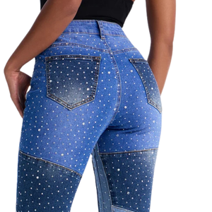 Womens Breathable Patchwork Denim Jeans Rhinestone <b>Studded</b> Straight Leg Mid Waist Casual Light Fashion Trendy Streetwear Modern - Product Image 4