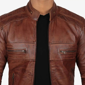 Custom Made Man's Stylish Brown Genuine Leather Vintage Style <b>Jacket</b> Breathable Fabric ODM Service Collar Shirt Cuffs Open Hem - Product Image 5