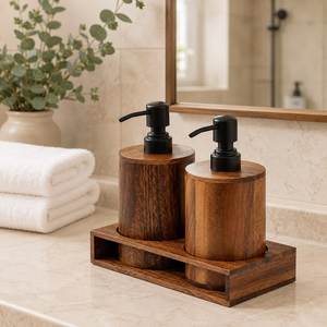 Juego de Baño Minimalista de Madera, Dispensador de Jabón, Portacepillos de Dientes, Caja para Toallas de Papel, Bandeja Redonda, Juego de Cuatro Piezas, Decoración de Madera Ecológica - Product Image 2