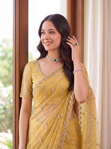 Sari ethnique indien traditionnel de créateur, en polyester jaune brodé, longueur ras du sol, protection solaire, qualité OEM, prix d'usine - Product Image 2