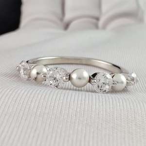 Anillo de Moissanita con Corte Redondo y Perla de Agua Dulce para Unisex, Plata 925 Original, Regalo de Boda o Fiesta para Pareja - Product Image 1