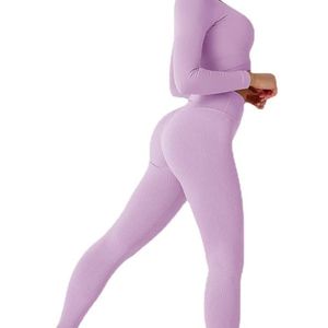Ensemble de sport taille haute avec contrôle du ventre, vêtements de yoga côtelés unis, ensemble de vêtements de sport anti-humidité, ensemble de sport deux pièces pour la course à pied - Product Image 3