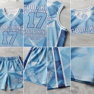 Ensemble de maillots de basket-ball personnalisés en sublimation bleu clair, motif géométrique, uniforme d'équipe, short d'entraînement à séchage rapide, vêtements en mesh - Product Image 4