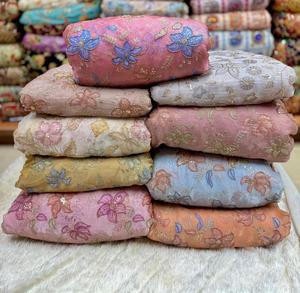 Designer Jimichu Nonwoven Stripe Embroidered Medium <b>Weight</b> Smooth Soft <b>Fabric</b> Wedding Sarees Party Wear Gowns Fashion Girls - Product Image 1