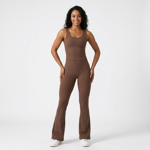 Women Brown Ribbed Tank Top High Waist <b>Flare</b> <b>Leggings</b> <b>Yoga</b> Set Gym Fitness Workout Activewear Set - Product Image 4
