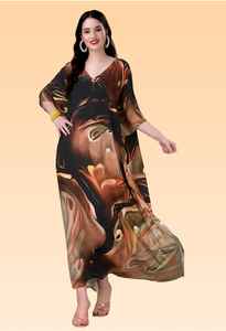 Robe Kaftan Courte pour Femme – Imprimé Paon Ethnique Jaune et Vert, Tunique Ample Festive - Product Image 4