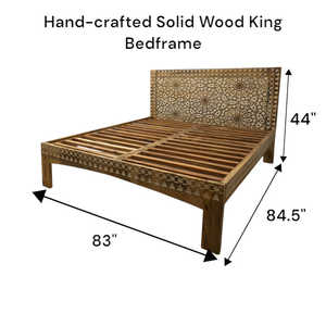 Traditional Handcrafted Solid Teak <b>Wood</b> <b>Platform</b> <b>Bed</b> with Intricate Inlay Headboard Eco-Friendly Premium <b>Bed</b> - Product Image 5