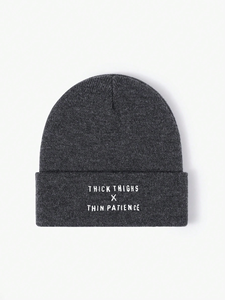 Thick Thighs X Thin Patience Embroidered Beanie Hat Olive Green Unisex Casual <b>Winter</b> <b>Cap</b> Hand Embroidery Letter Pattern Beanie - Product Image 4