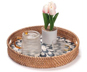 Bandeja Redonda de Ratán Tejida a Mano con Incrustaciones de Madreperla, Bandeja Decorativa de Mimbre con Asas para Decoración de Mesa de Centro - Product Image 5