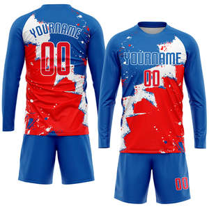 Maillot de football personnalisé rouge, bleu et blanc sublimé pour homme, manches courtes, en polyester anti-humidité, coupe athlétique, toutes saisons 2027 - Product Image 5