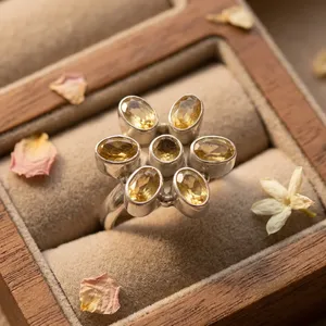 Élégante bague en argent sterling 925 avec grappe de pierres multicolores en citrine, bijou de cocktail fait main en pierres précieuses dorées pour femme - Product Image 4