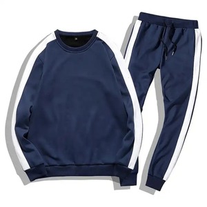 Conjunto Deportivo Unisex Azul Marino, Sudadera de Cuello Redondo con Rayas Blancas, Pantalones Largos con Cordón Ajustable, Ropa Casual para Adultos - Product Image 1