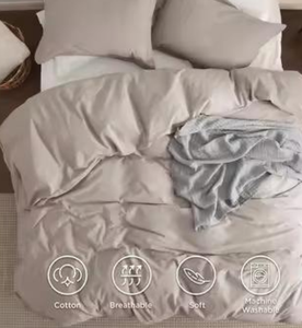 Ensemble de literie en coton gris, housse de couette respirante, douce, lavable en machine - Product Image 1