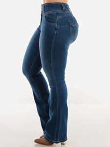 Pantalones vaqueros mini acampanados azules lavables con cierre de botones, de cintura alta, que realzan los glúteos, elegantes y sexys - Product Image 3