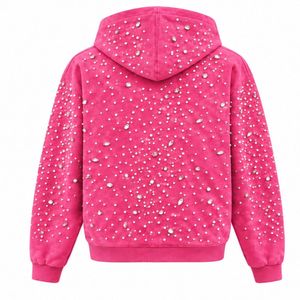 เสื้อฮู้ดซิปสีชมพูสดใส ประดับมุกและคริสตัล แฟชั่นสตรีทแวร์ แจ็คเก็ตแขนยาวมีฮู้ด กระเป๋าหน้า - Product Image 2