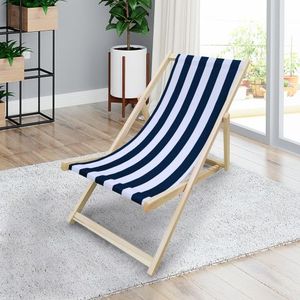 Populus Wood Sling <b>Chair</b> with Dark Blue Stripe Broad Blue Folding Chaise <b>Lounge</b> for Sun Lounging - Product Image 1