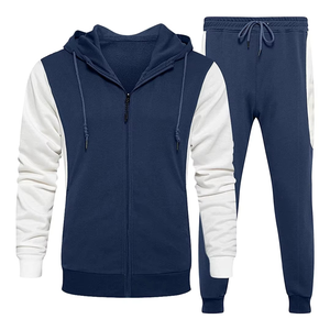 Survêtement Homme Bleu Marine et Blanc à Blocs de Couleurs, Col Montant à Capuche, Fermeture Éclair Intégrale, Respirant, Sportswear Décontracté, Coupe Droite, Idéal Automne - Product Image 2