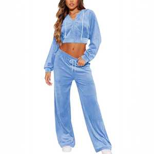 OEM/ODM Women's Custom Solid Velour Breathable Spandex/Polyester Hooded <b>Cropped</b> <b>Zip</b>-<b>Up</b> Jogging Sets Adjustable Drawstring - Product Image 3