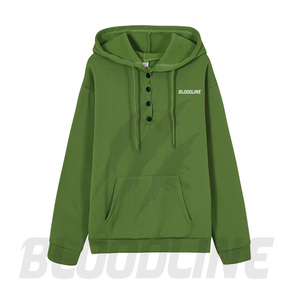 Sweat-shirt à capuche unisexe Bloodline, col boutonné, coupe ample, noir uni, coton French Terry, décontracté, pour l'automne - Product Image 5