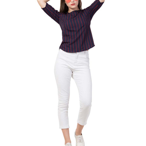 Women's Navy <b>Red</b> Stripe Three Quarter Sleeve O Neck Casual <b>Top</b> Regular Fit Woven Polyester Cotton Breathable All Seasons - Product Image 6