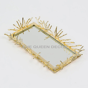 Gold Polished Luxury Round Shape <b>Mirror</b> Glass And Aluminum Metal Decoration <b>Tray</b> New Trending Storage <b>Trays</b> - Product Image 2