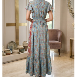 Robe chemise en soie de qualité supérieure pour femme, taille unique, bleu, motif floral paisley, robe longue, kaftan bohème |   Tenue de plage longue et fluide pour les vacances à la station balnéaire - Product Image 2