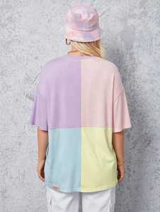 ONETEN APPARELS Women's Color Block T-Shirt Pastel Blue and Yellow Short Sleeve <b>Top</b> - Product Image 3