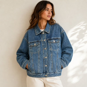 <b>Custom</b> Unisex Washed Blue Cotton <b>Denim</b> Genuine Leather Shell Eco-Friendly Vintage Casual Button Front Spring Streetwear <b>Jacket</b> - Product Image 4
