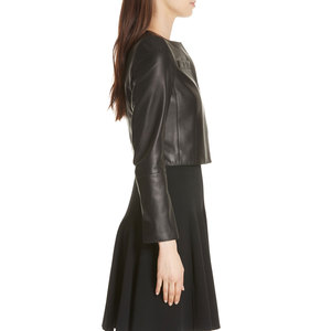 Custom Size <b>Women's</b> Black Genuine Sheepskin Leather Jacket O-Neck Zipper Short Cropped <b>Coat</b> - Product Image 3