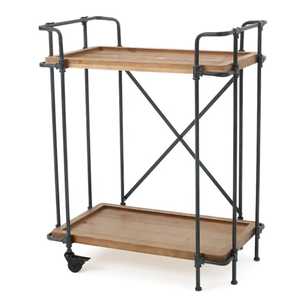 Chariot de rangement roulant à deux niveaux avec cadre en métal noir, étagères en bois, chariot utilitaire mobile, organisateur industriel moderne - Product Image 6