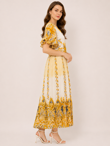 Wholesale Comfortable Yellow Color Floral Print Western Dress Round Neck <b>Mirror</b> Work Flutter Sleeve High Waist Women's Wear - Product Image 2