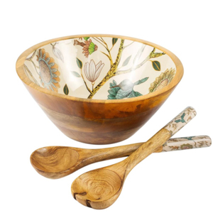 Ensemble de saladiers en bois avec cuillère et fourchette assorties, bol de service en émail bleu floral pour la cuisine et la décoration de table de restaurant - Product Image 6