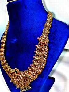 Collar Largo de Joyería Antigua Tradicional India para Templo |   Haaram nupcial con diseño de pavo real disponible en ORO/PLATA/BRONCE - Product Image 4